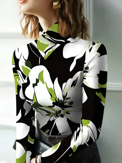 Elegant Women's Turtleneck T-shirt Floral Pattern