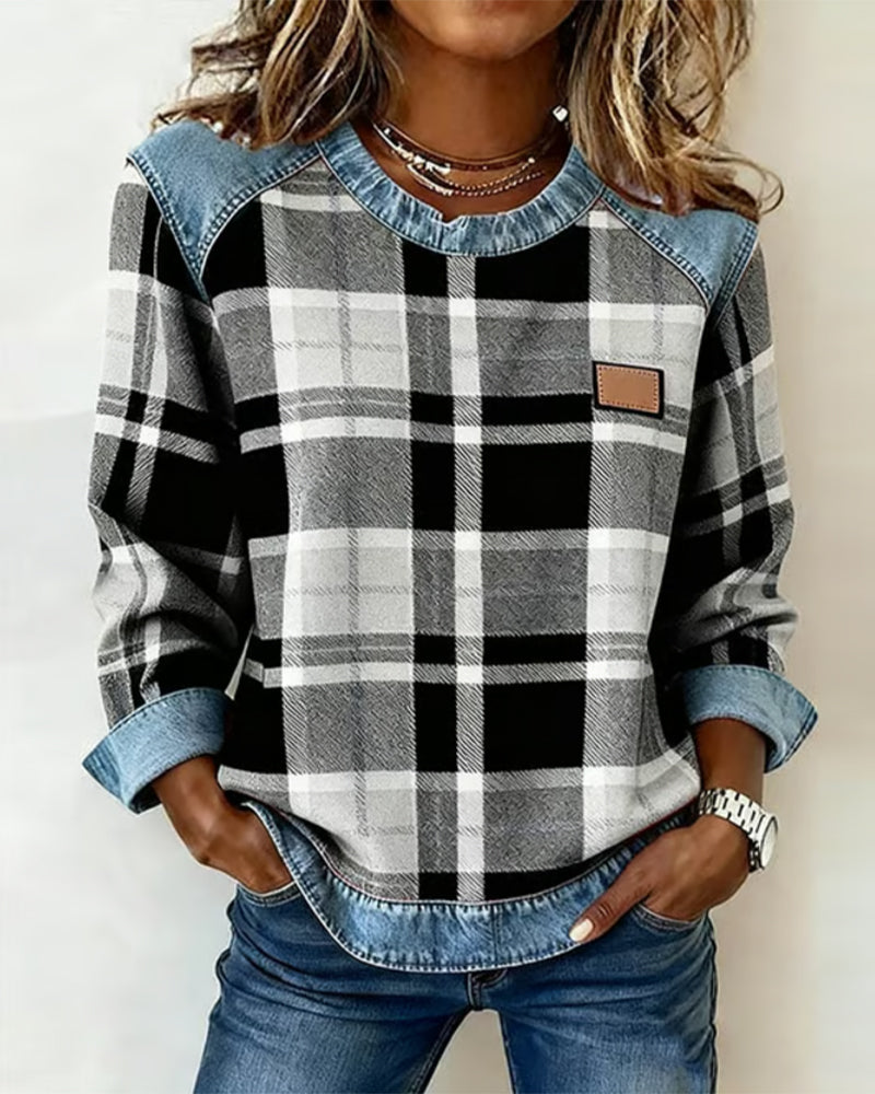 Mode Sweatshirt Karomuster Patchwork Design