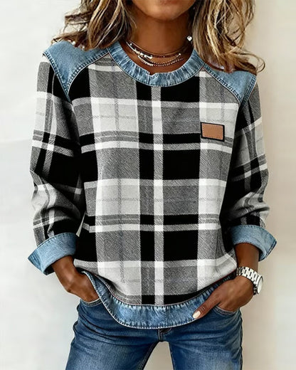 Mode Sweatshirt Karomuster Patchwork Design