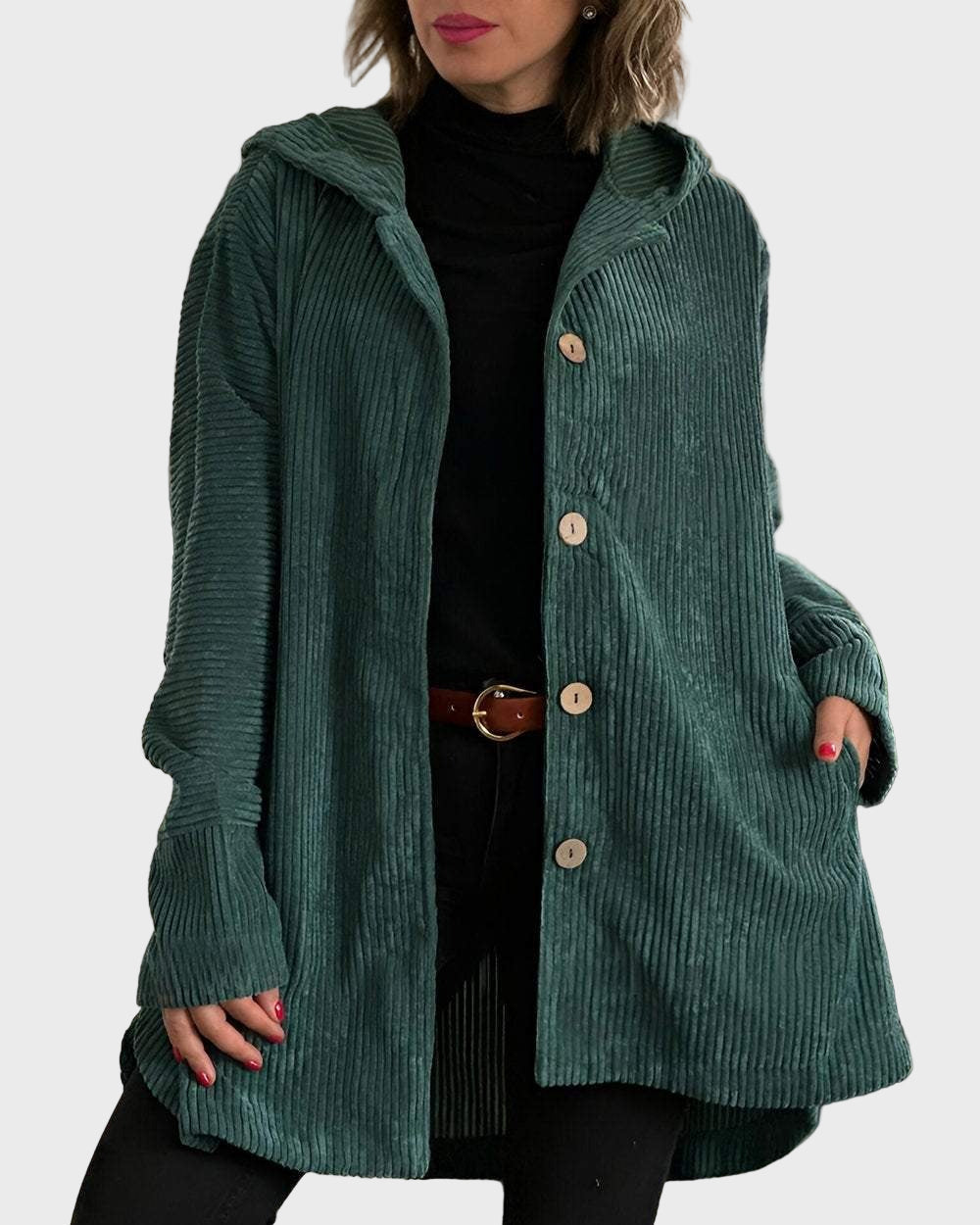 Practical winter jacket hood and buttons