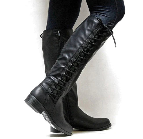Knielange Stiefel Damen Schmal Schnüren Flach - IdealeKleiden