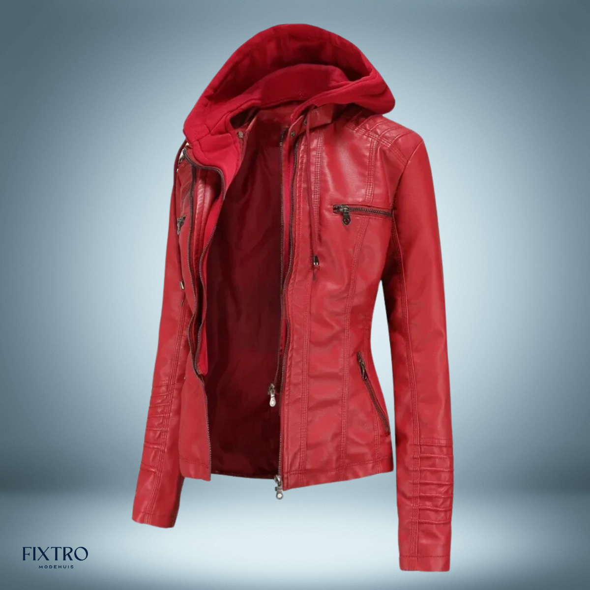 Leather Jacket with Hood Biker Style