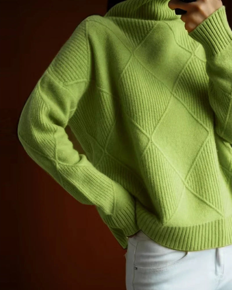 Eleganter Rollkragenpullover Rautenmuster Einfarbig - IdealeKleiden