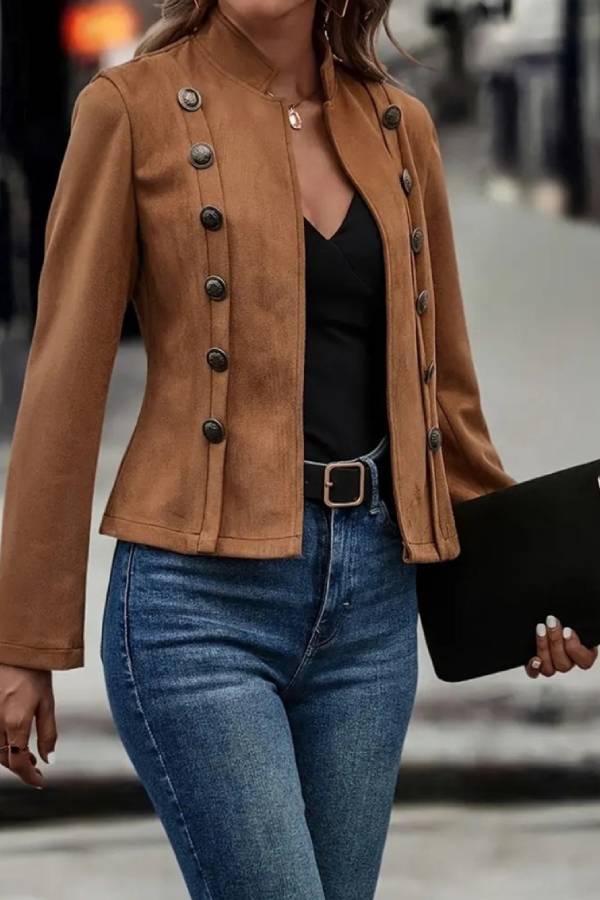 Modische Offene Jacke mit Knopf und Kragen - IdealeKleiden