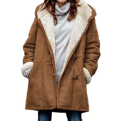 Women's Warm Winter Jacket with Hood and Buttons