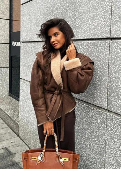 Leather Wrap Jacket with Soft Fur Trim