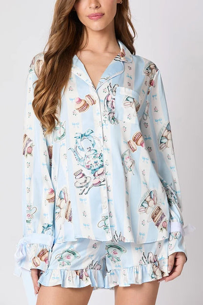 Christmas Party Set | Printed Top with Bow Tie and Ruffle Shorts