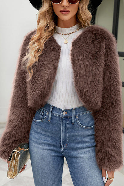 Long Sleeve Short Casual Faux Fur Jacket → Trendy Faux Fur Jacket Long Sleeve Casual
