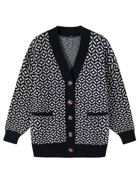 Bequeme Strickjacke Geometrisch Modern Knopfverschluss - IdealeKleiden