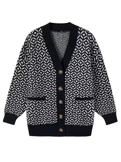 Stilvoller Strickcardigan Geometrisches Muster Knöpfe - IdealeKleiden