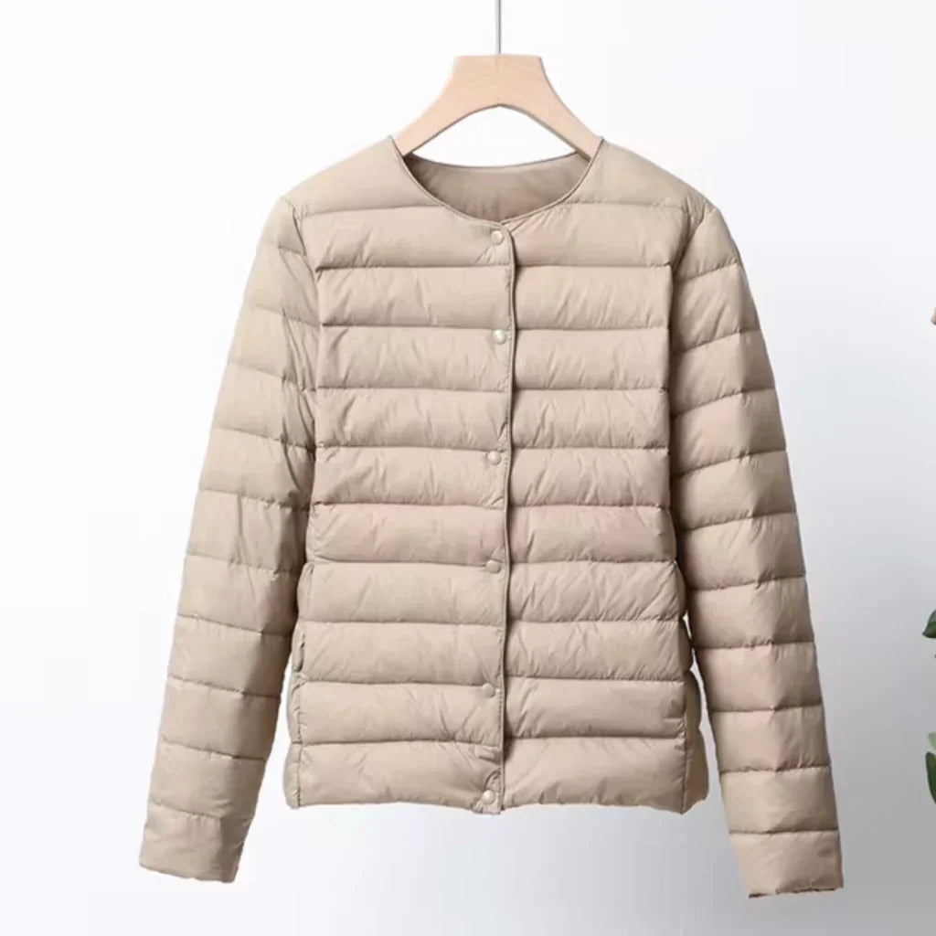 Lightweight Down Jacket Slim Fit Button Closure Hip Length