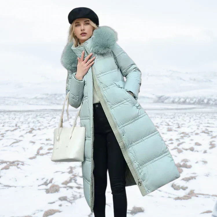Elegant Women's Long Slim Fit Jacket with Fur Detail