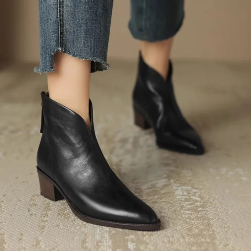Elegant Leather Ankle Boots for Women Pointed Toe Block Heel