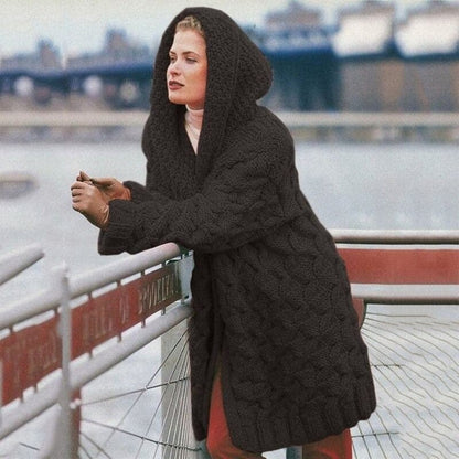 Knitted Cardigan Long Hooded Open