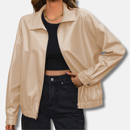 Short Biker Style Leather Jacket with Zipper