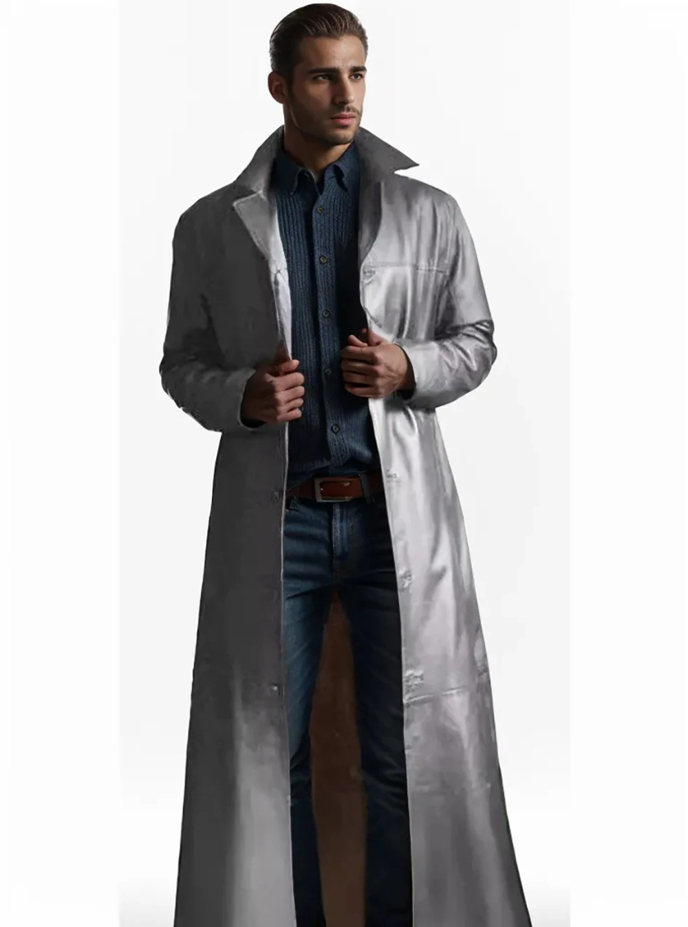 Elegant Men's Long Leather Coat