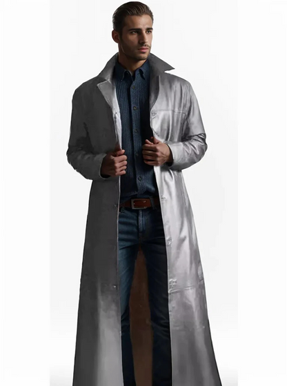 Elegant Men's Long Leather Coat