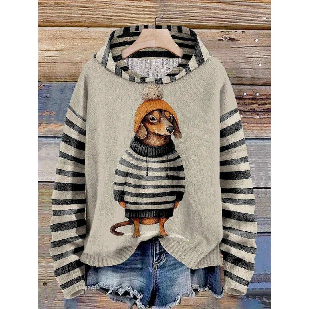 Women's Fleece Pullover Dog Motif Soft Lace-up