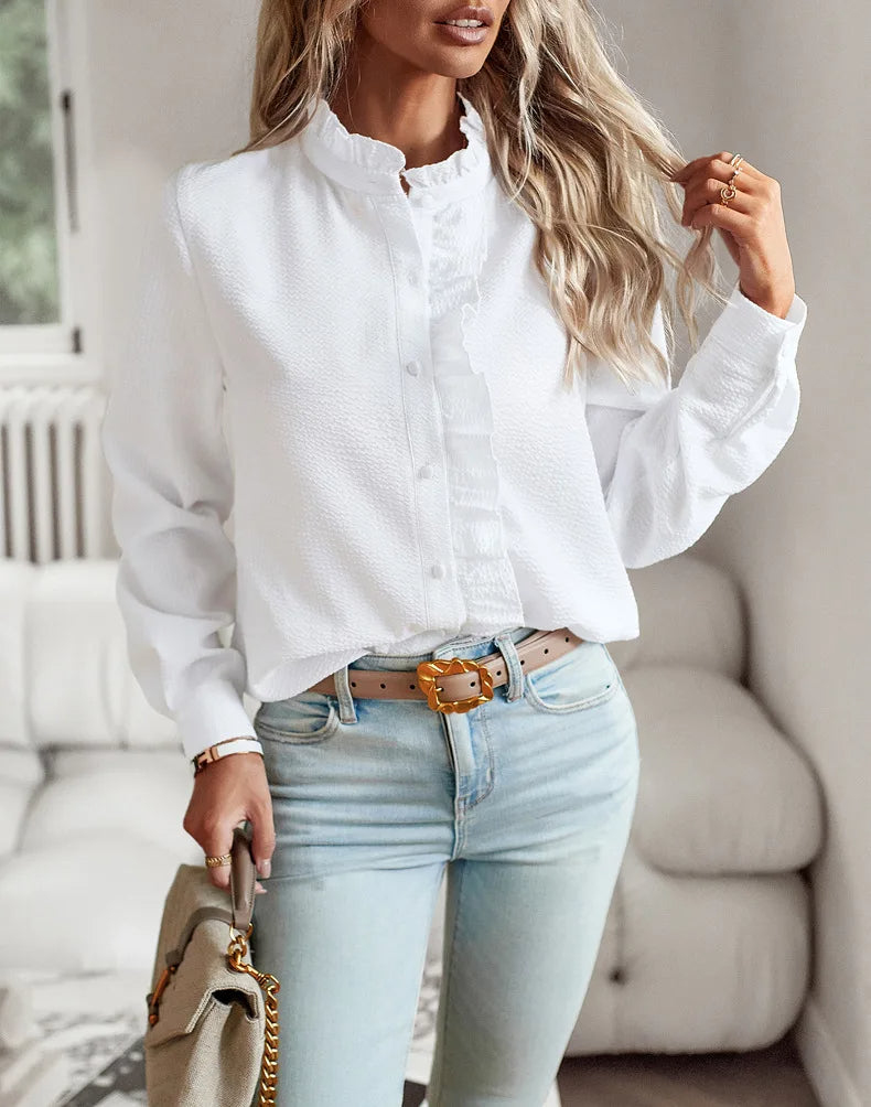 Elegant Blouse Ruffle Decor Light and Feminine