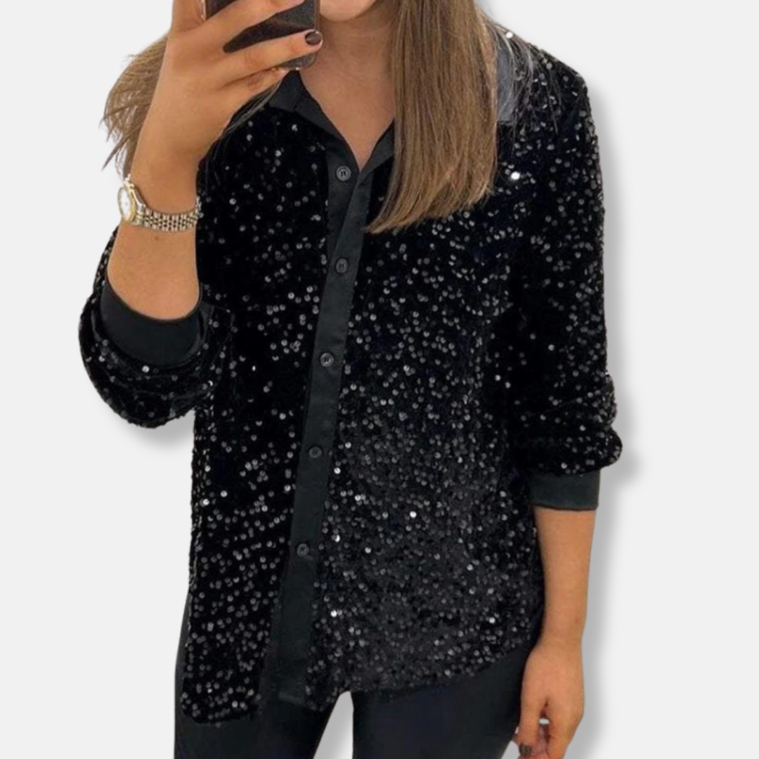 Festive Shirt with Sequins Loose Fit Elegant Collar