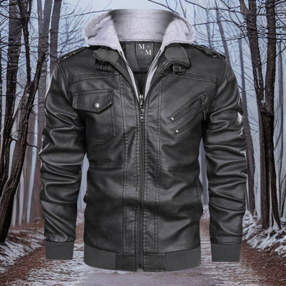 Warm leather jacket hood winter