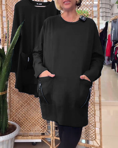 Classic Dress Round Neck Plain With Pockets