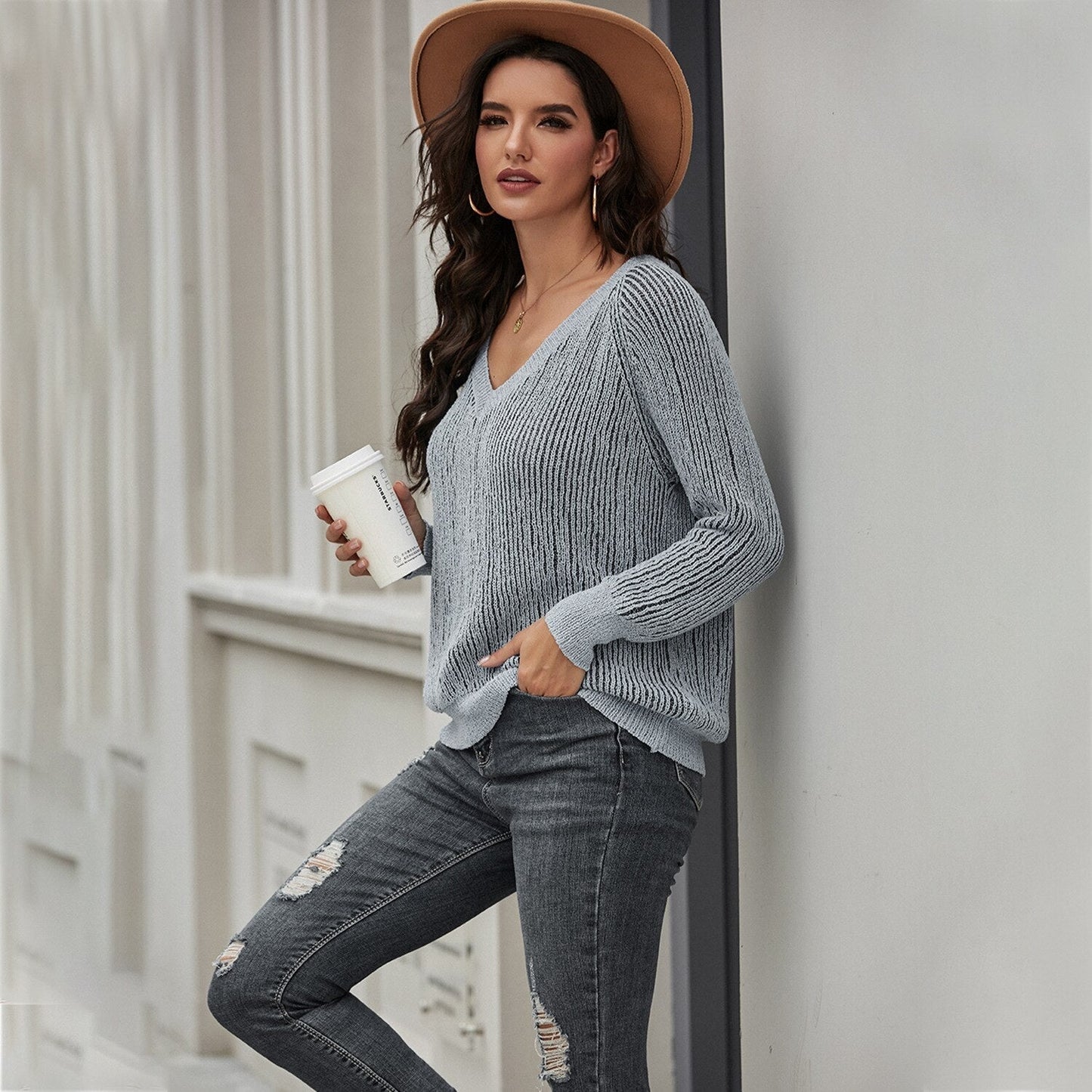 Loose Knit Sweater Long Sleeve V-Neck