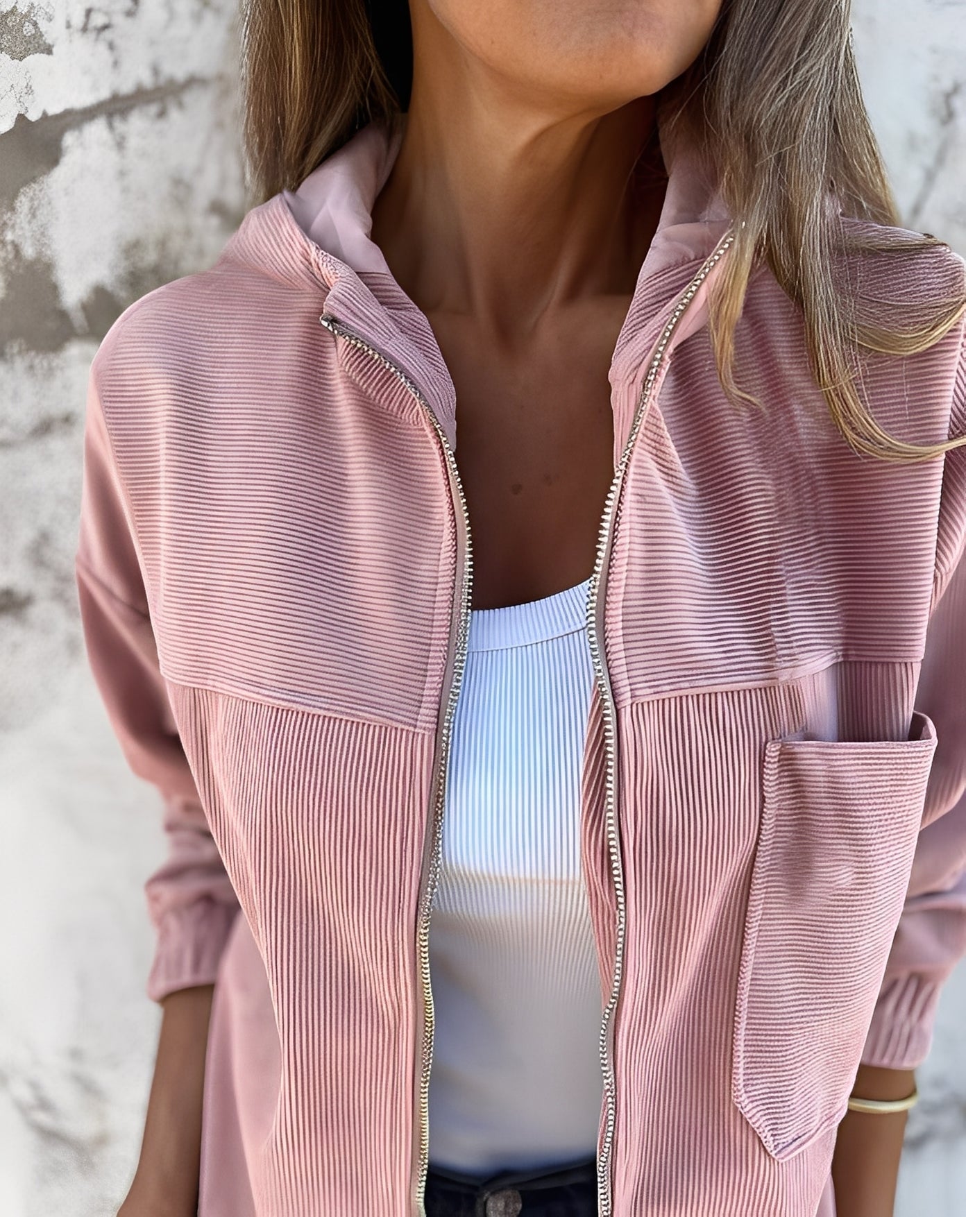 Stylish women's corduroy jacket with hood Casual