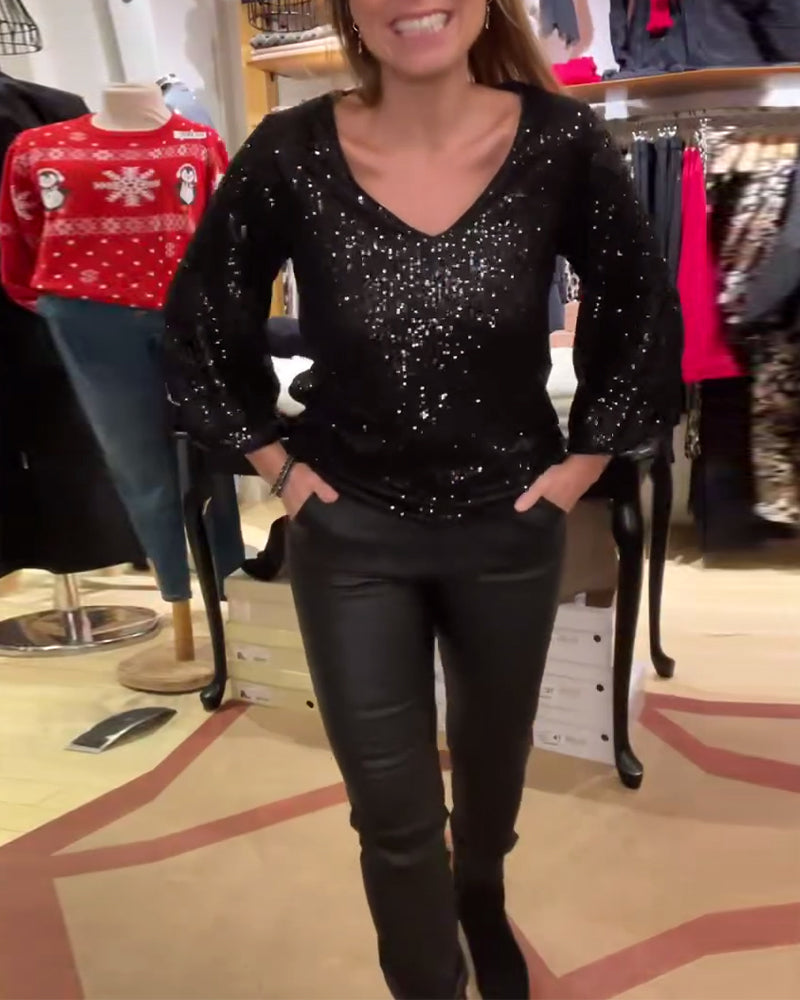 Glitter Dress V-Neck Long Sleeve Elegant