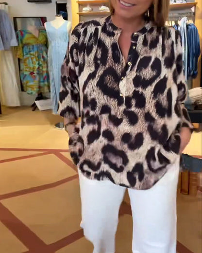 Leopard Print Dress Loose Fit Button Placket