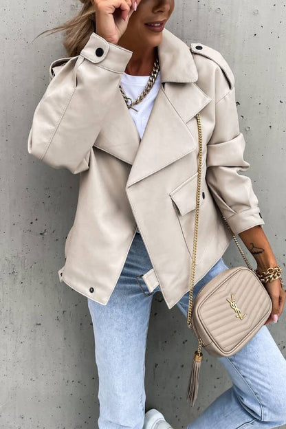 Leather Lapel Pocket Biker Style Short Jacket