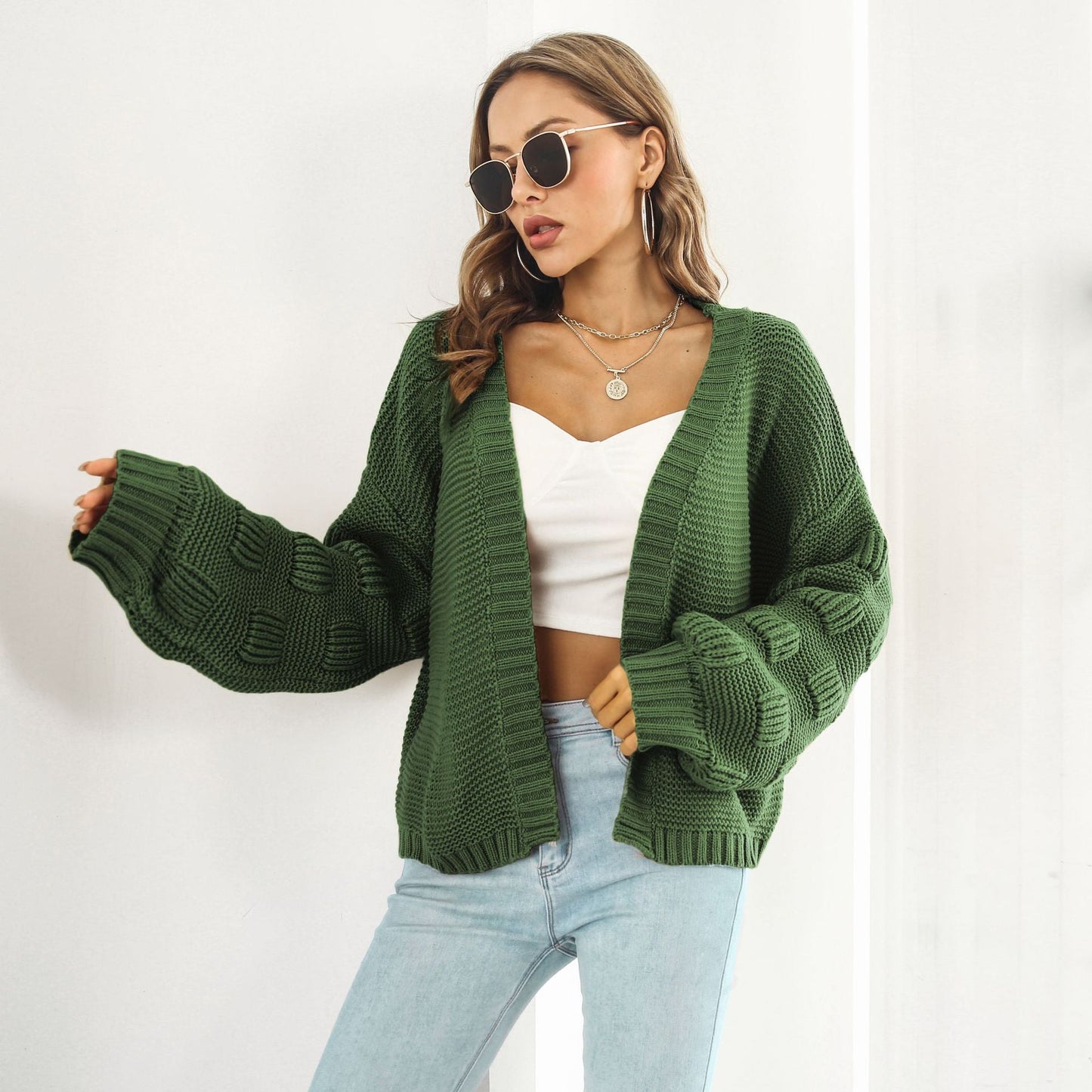 Soft Knit Cardigan Puff Sleeves Women