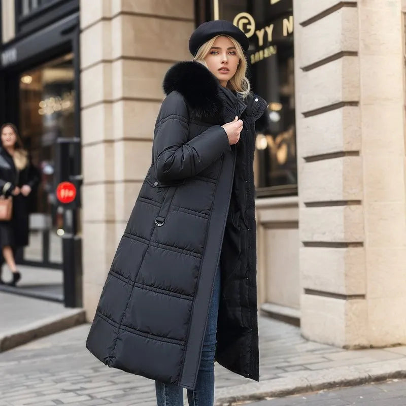 Women's Long Winter Coat Hood Fur Belt