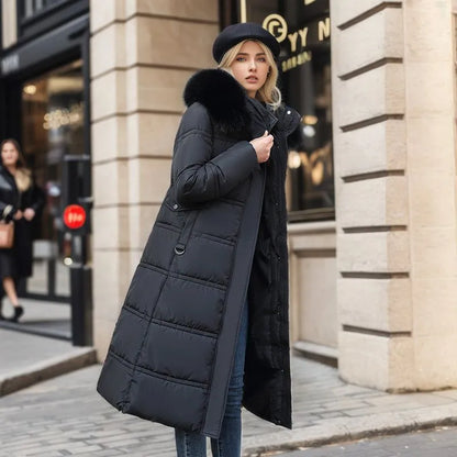 Women's Long Winter Coat Hood Fur Belt