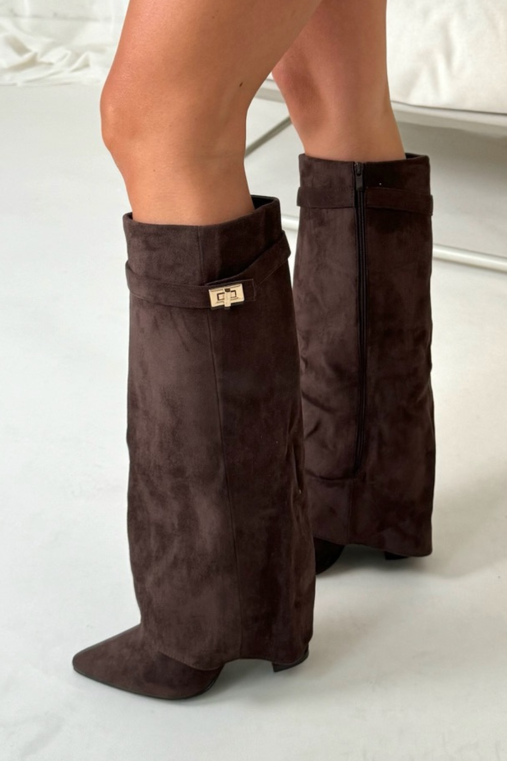 Fold-over Knee-High Suede Buckle Block Heel Boots