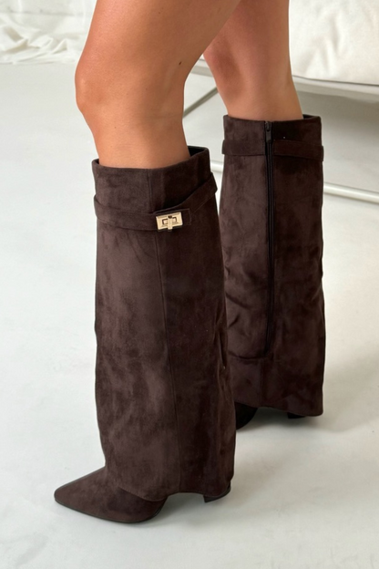 Fold-over Knee-High Suede Buckle Block Heel Boots