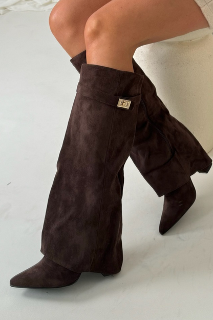 Damen Stiefel Hoch Elegant Umschlag Detail - IdealeKleiden