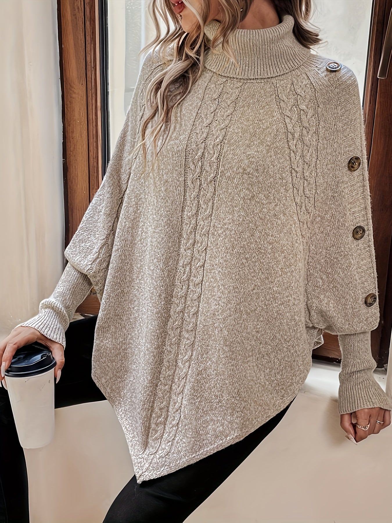 Stylish Poncho Sweater with Buttons Acrylic Soft
