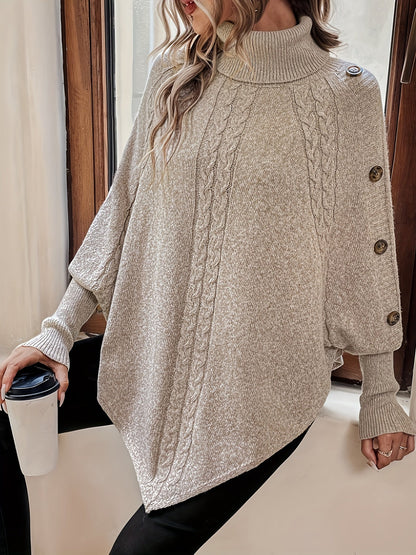 Stylish Poncho Sweater with Buttons Acrylic Soft