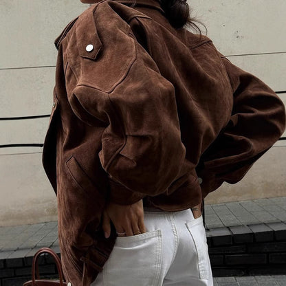 Übergroße Leder-Bomberjacke Asymmetrisch Modern - IdealeKleiden