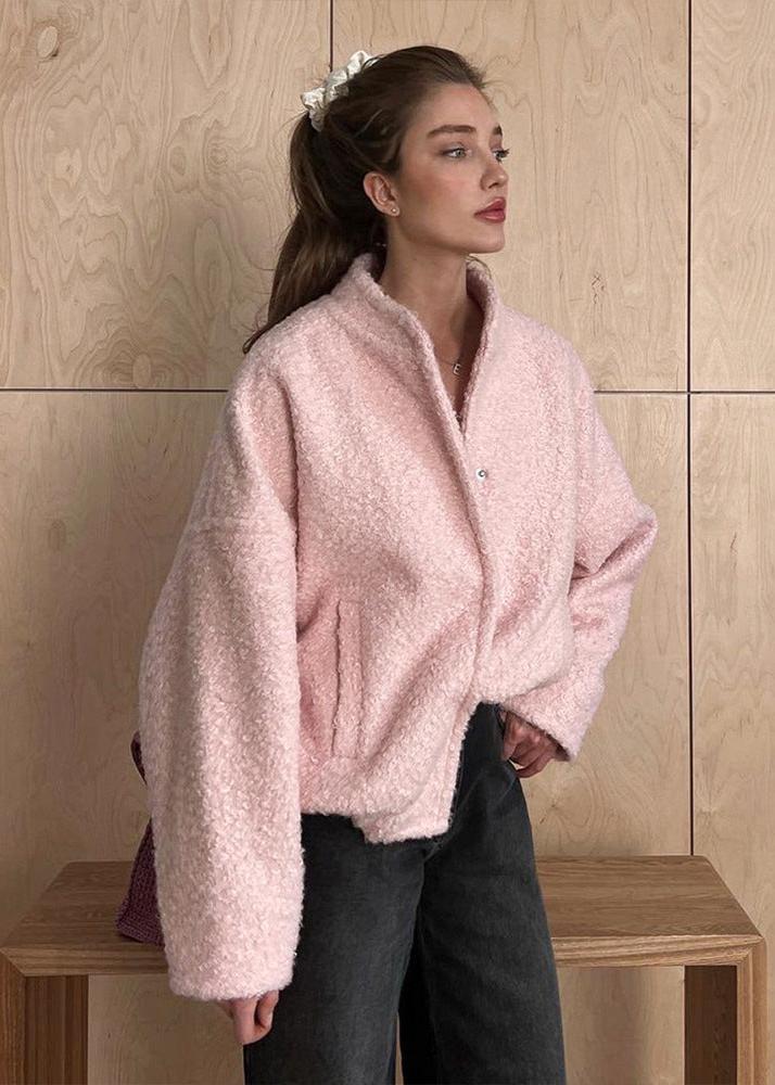 Pink Oversized Stand-Up Collar Jacket for Women