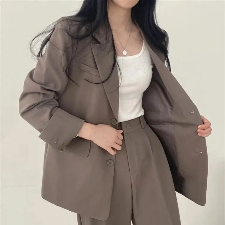 Women's Business Set - Solid Blazer & Straight-Leg Trousers