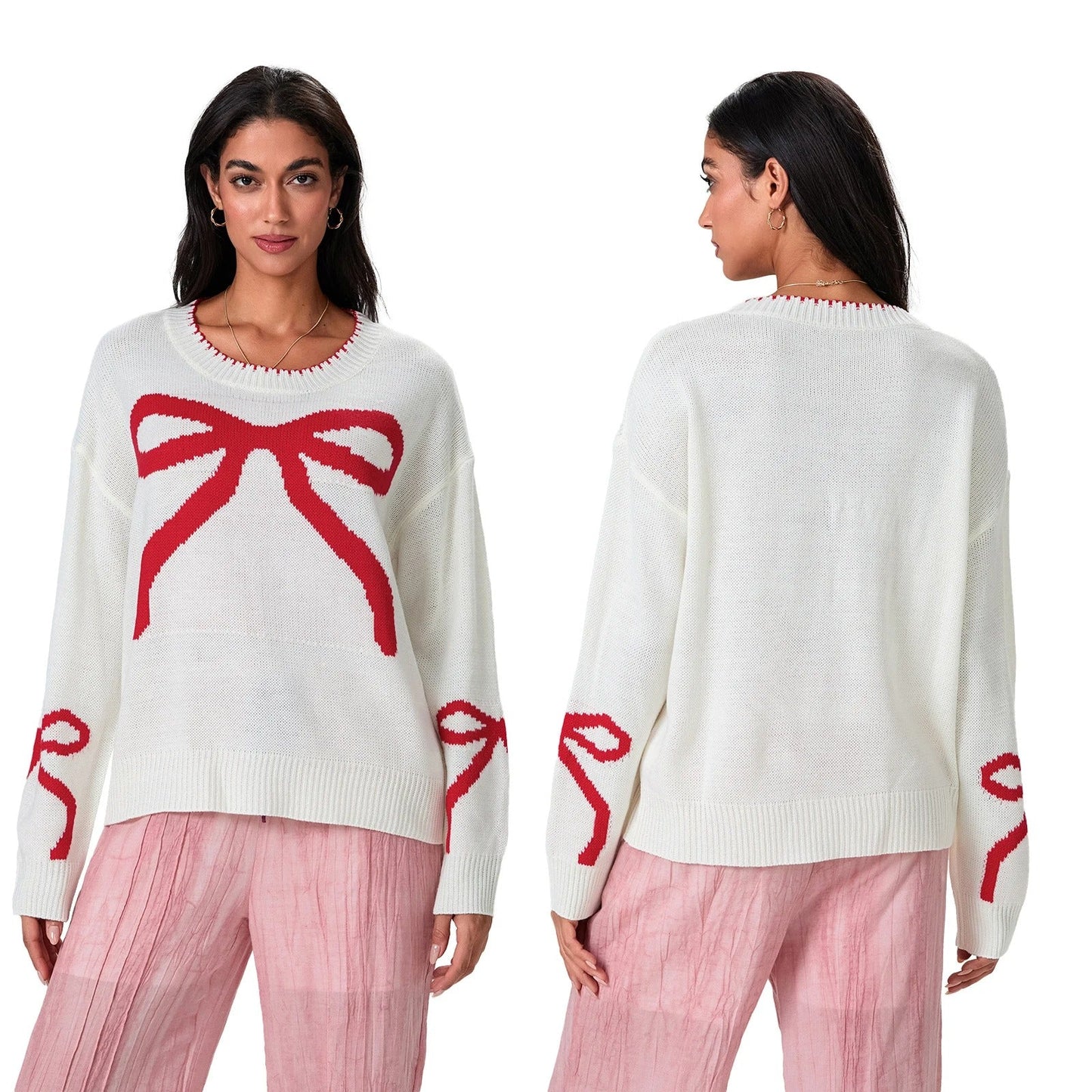 Elegant knitted sweater with bow detail