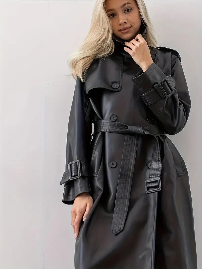 Leder-Trenchcoat Elegant mit Gürtel - IdealeKleiden