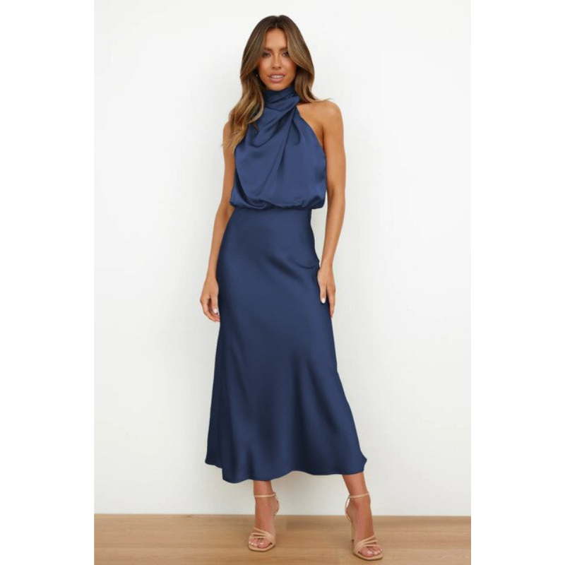 Elegant women's evening gown with a halter neckline
