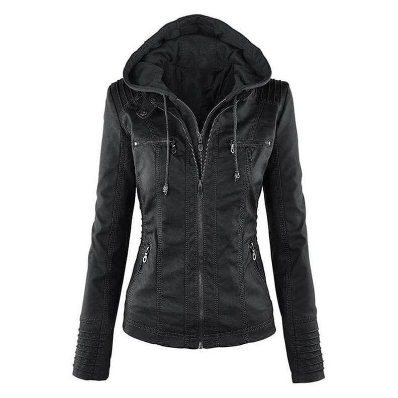 Women's Slim Fit Leather Jacket Zip-Up Hood