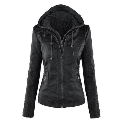 Women's Slim Fit Leather Jacket Zip-Up Hood