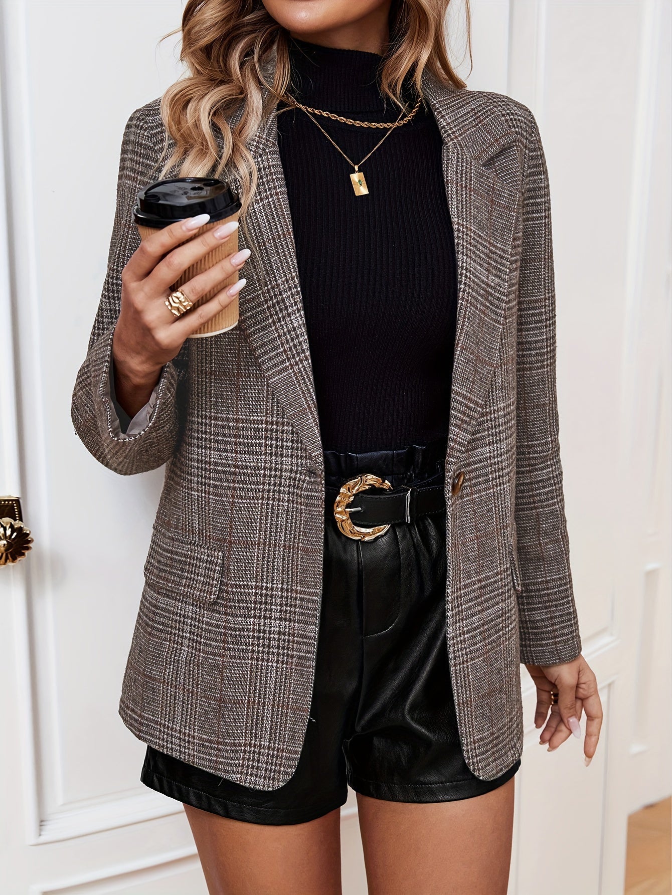 Elegant Business Blazer Plaid Pattern Long