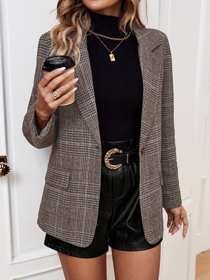 Elegant Business Blazer Plaid Pattern Long