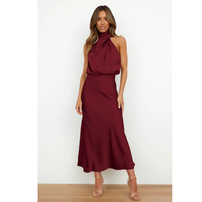 Elegant women's evening gown with a halter neckline